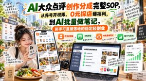 【无水印】AI大众点评创作分成完整SOP，从养号开权限、0元探店薅福利，到AI批量做笔记，新手可直接落地的稳定轻副业| 鹿鸣网创