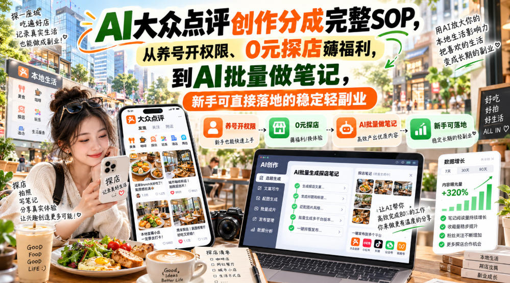 【无水印】AI大众点评创作分成完整SOP，从养号开权限、0元探店薅福利，到AI批量做笔记，新手可直接落地的稳定轻副业| 鹿鸣网创