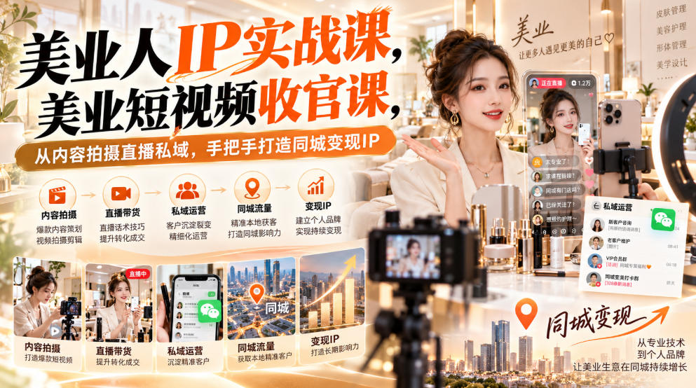 【无水印】美业人IP实战课，美业短视频收官课，从内容拍摄直播私域，手把手打造同城变现IP| 鹿鸣网创
