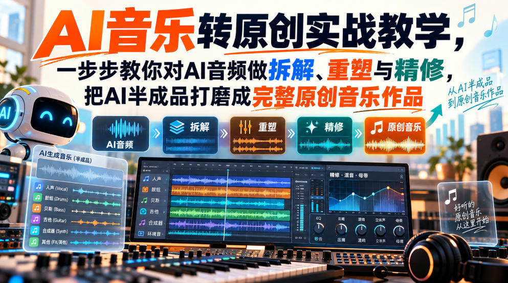 AI音乐转原创实战教学，一步步教你对AI音频做拆解、重塑与精修，把AI半成品打磨成完整原创音乐作品| 鹿鸣网创
