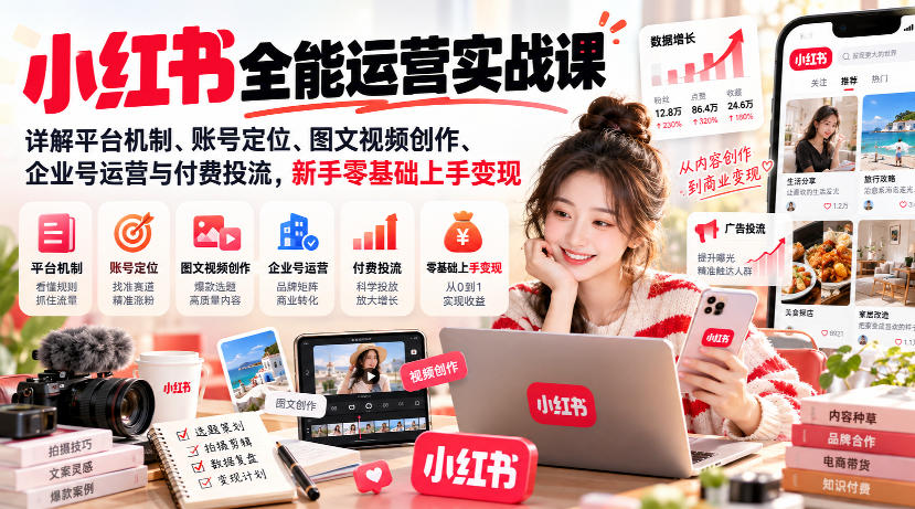 小红书全能运营实战课，详解平台机制、账号定位、图文视频创作、企业号运营与付费投流，新手零基础上手变现| 鹿鸣网创