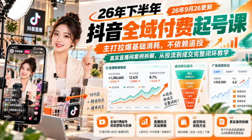 26年下半年抖音全域付费起号课26年9月26更新,主打拉爆基础消耗,不依赖追投,真实直播间案例拆解,从投流到成交完整闭环教学