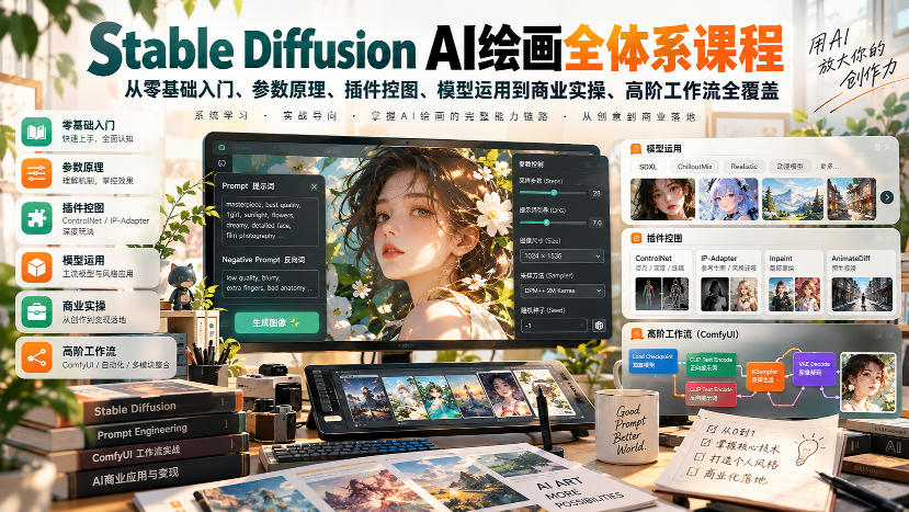 【无水印】Stable Diffusion AI绘画全体系课程，从零基础入门、参数原理、插件控图、模型运用到商业实操、高阶工作流全覆盖| 鹿鸣网创