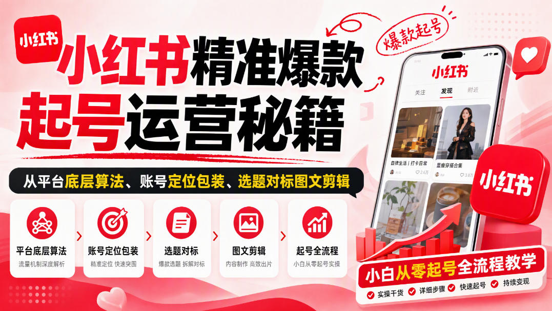 小红书精准爆款起号运营秘籍,从平台底层算法、账号定位包装、选题对标图文剪辑,小白从零起号全流程| 鹿鸣网创