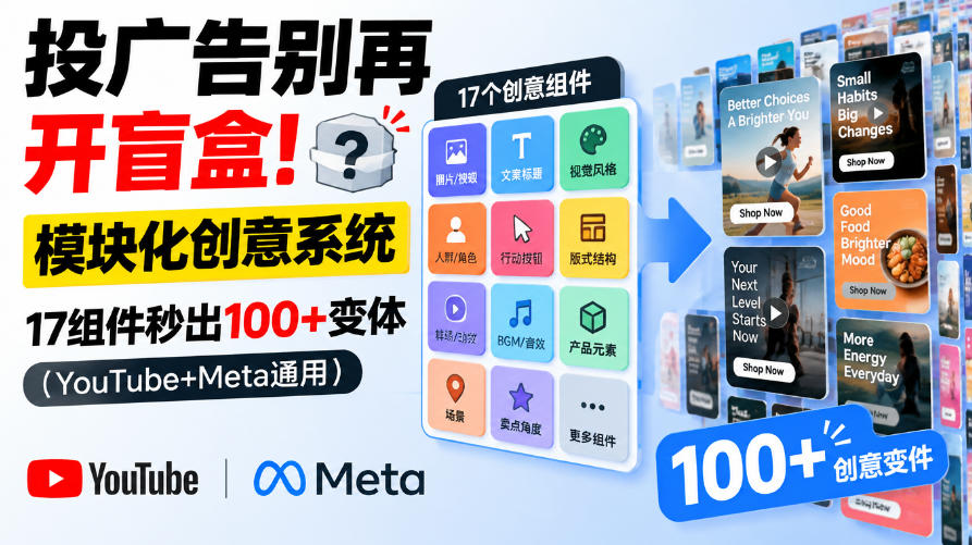 投广告别再开盲盒！模块化创意系统，17组件秒出100+变体（YouTube+Meta通用）【原创双语字幕】| 鹿鸣网创