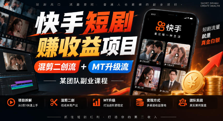 快手短剧賺收益项目，混剪二创流+MT升级流，某团队副业课程| 鹿鸣网创