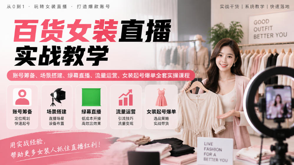 百货女装直播实战教学｜账号筹备、场景搭建、绿幕直播、流量运营、女装起号爆单全套实操课程| 鹿鸣网创