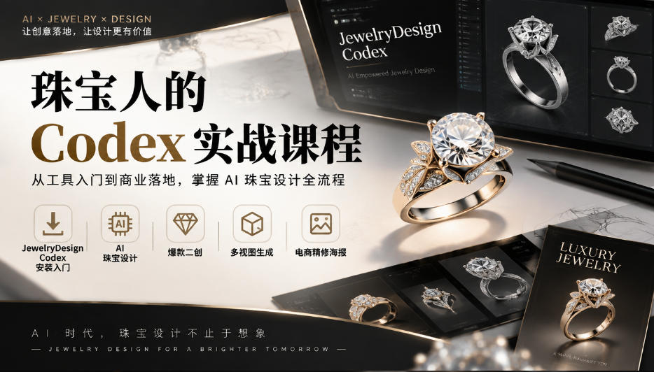 珠宝人的Codex实战课程｜JewelryDesign Codex安装入门、AI珠宝设计、爆款二创、多视图生成、电商精修海报全链路教学| 鹿鸣网创