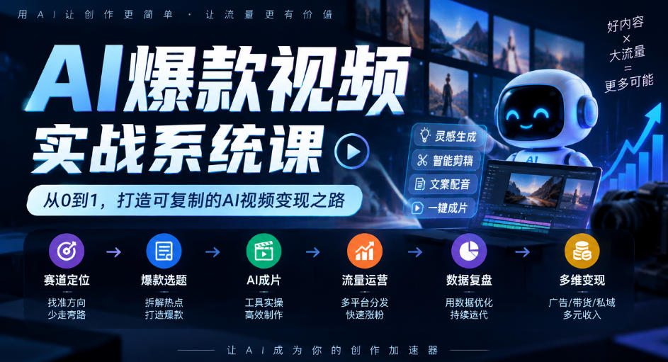 AI爆款视频实战系统课｜赛道定位、爆款选题、AI成片、流量运营、数据复盘、多维变现全链路教学| 鹿鸣网创