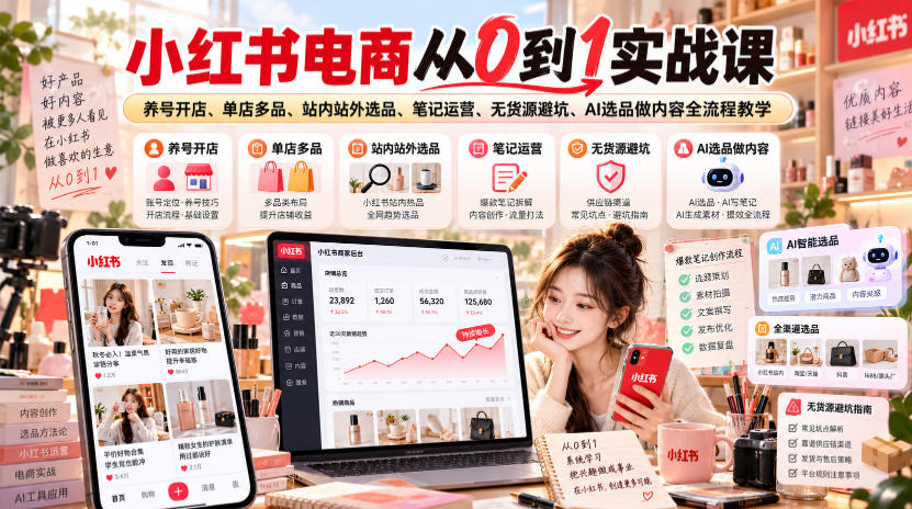 小红书电商从0到1实战课｜养号开店、单店多品、站内站外选品、笔记运营、无货源避坑、AI选品做内容全流程教学| 鹿鸣网创