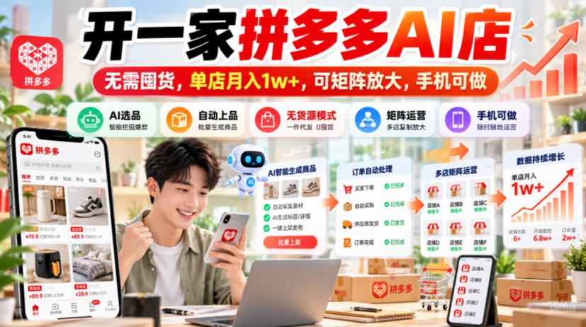 开一家拼多多AI店，无需囤货，单店月入1w+，可矩阵放大，手机可做【揭秘】| 鹿鸣网创
