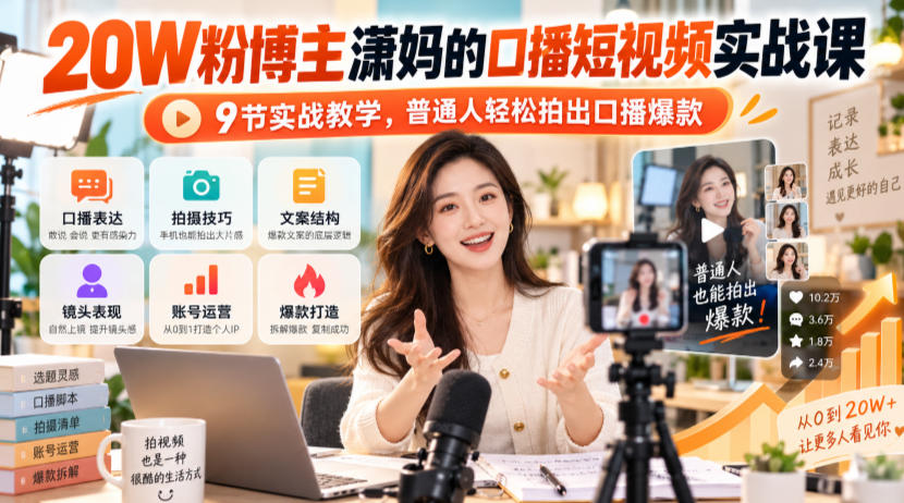 20W粉博主潇妈的口播短视频实战课，9节实战教学，普通人轻松拍出口播爆款| 鹿鸣网创