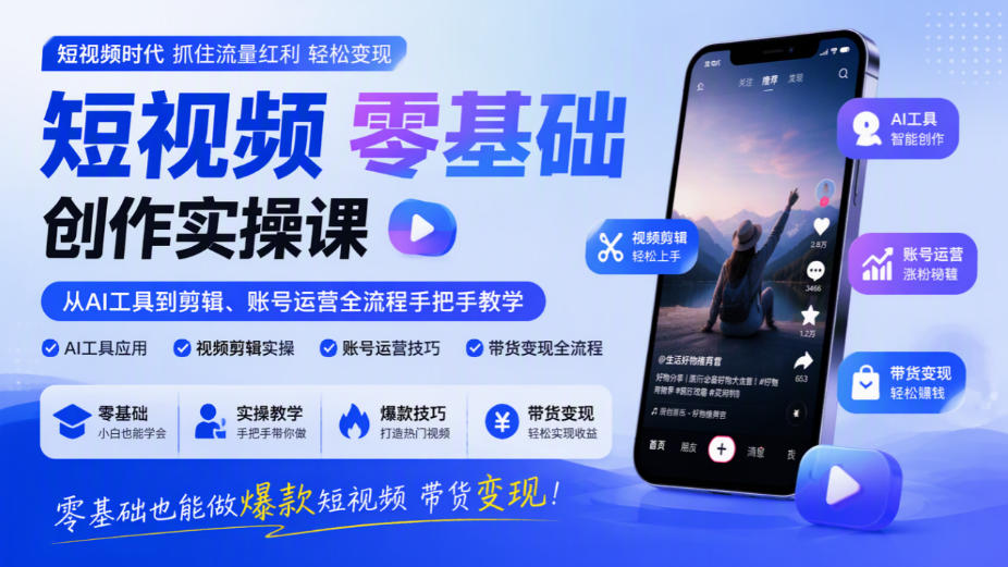 短视频零基础创作实操课，从AI工具到剪辑、账号运营全流程手把手教学，零基础也能做爆款短视频带货变现| 鹿鸣网创