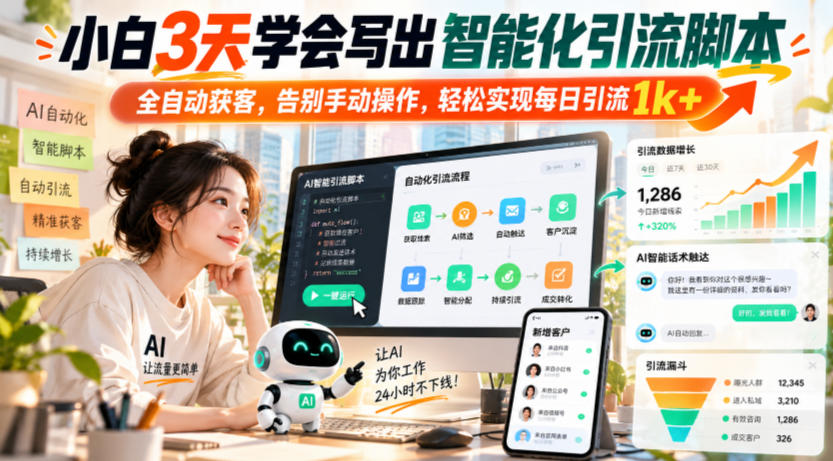 小白3天学会写出智能化引流脚本，全自动获客，告别手动操作，轻松实现每日引流1k+| 鹿鸣网创