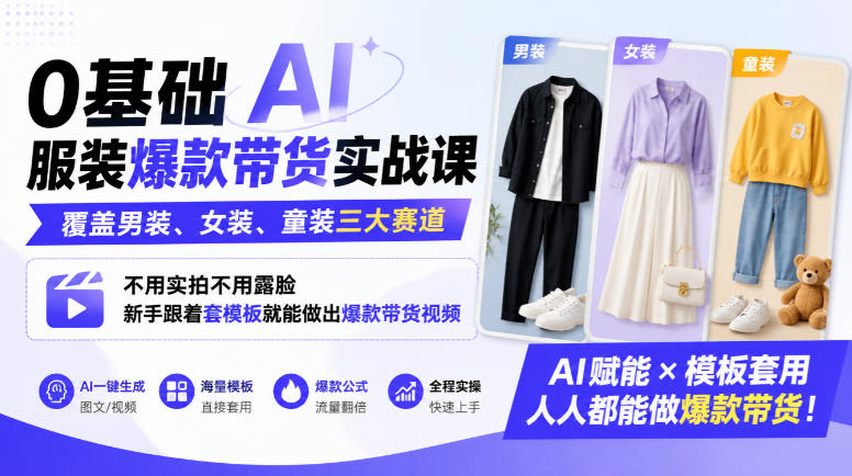 0基础AI服装爆款带货实战课｜覆盖男装、女装、童装三大赛道，不用实拍不用露脸，新手跟着套模板就能做出爆款带货视频| 鹿鸣网创
