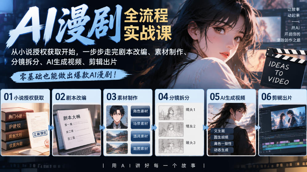 AI漫剧全流程实战课｜从小说授权获取开始，一步步走完剧本改编、素材制作、分镜拆分、AI生成视频、剪辑出片全流程| 鹿鸣网创