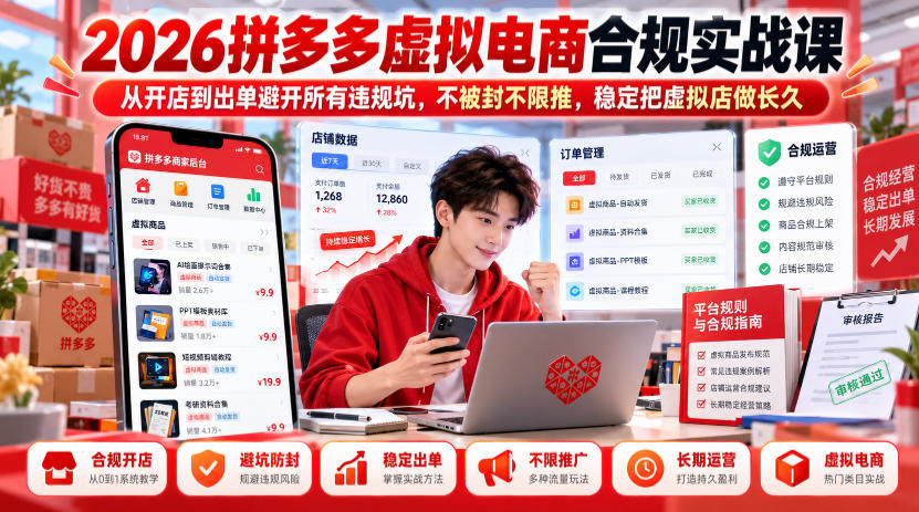 2026拼多多虚拟电商合规实战课，从开店到出单避开所有违规坑，不被封不限推，稳定把虚拟店做长久| 鹿鸣网创