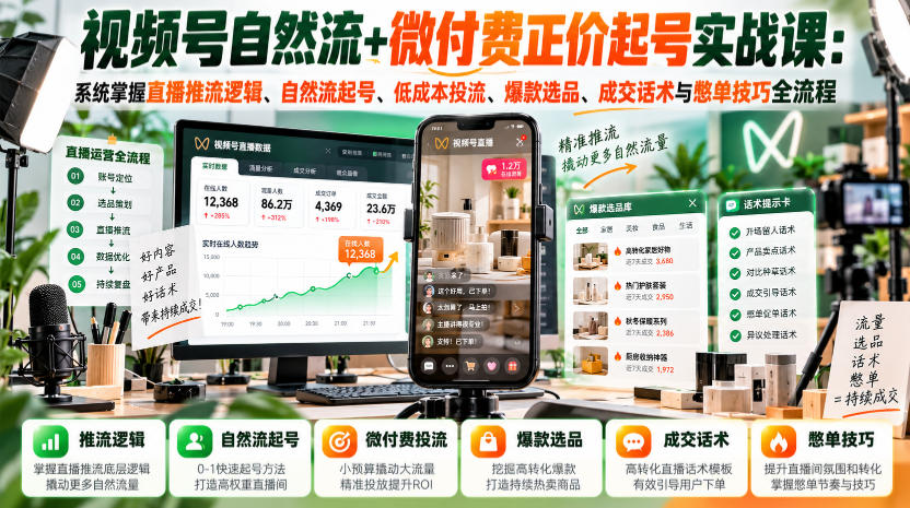 视频号自然流+微付费正价起号实战课：系统掌握直播推流逻辑、自然流起号、低成本投流、爆款选品、成交话术与憋单技巧全流程| 鹿鸣网创