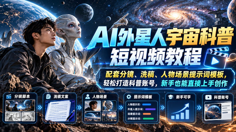 AI外星人宇宙科普短视频教程，配套分镜、洗稿、人物场景提示词模板，轻松打造科普账号，新手也能直接上手创作| 鹿鸣网创
