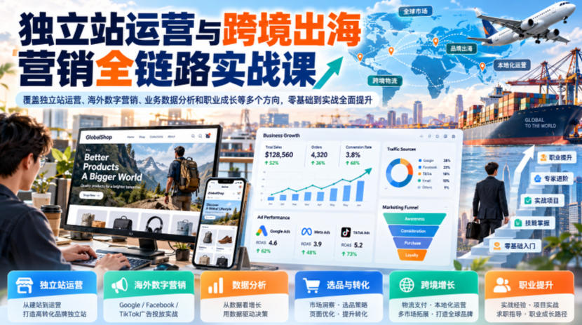 独立站运营与跨境出海营销全链路实战课，覆盖独立站运营、海外数字营销、业务数据分析和职业成长等多个方向，零基础到实战全面提升| 鹿鸣网创