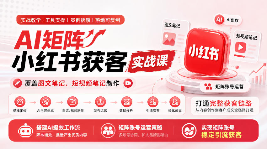 AI矩阵小红书获客实战课，覆盖图文笔记、短视频笔记制作，打通完整获客链路，搭建AI提效工作流，实现矩阵账号稳定引流获客（更新1005）| 鹿鸣网创