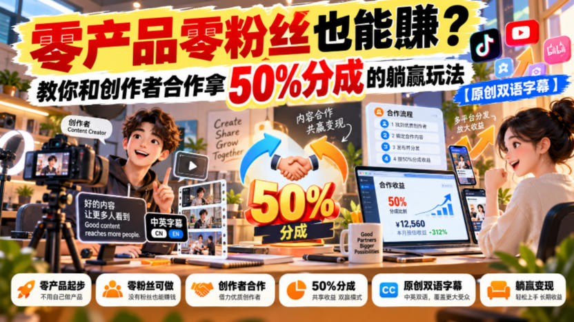 【无水印】零产品零粉丝也能賺？教你和创作者合作拿50%分成的躺赢玩法【原创双语字幕】| 鹿鸣网创