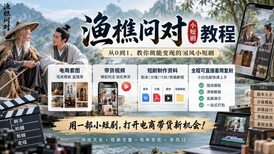 渔樵问对小短剧教程，包含电商套图、带货视频，短剧制作资料，全程可直接套用复刻| 鹿鸣网创
