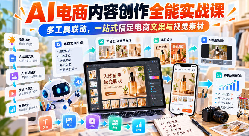 【无水印】AI电商内容创作全能实战课｜多工具联动，一站式搞定电商文案与视觉素材| 鹿鸣网创