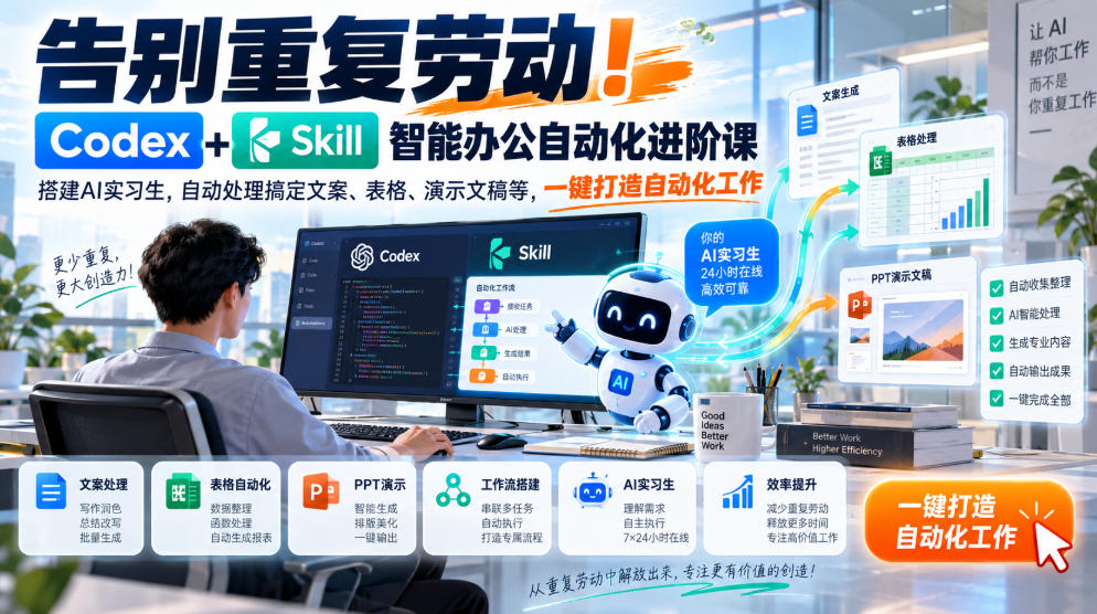 告别重复劳动！Codex+Skill智能办公自动化进阶课｜搭建AI实习生，自动处理搞定文案、表格、演示文稿等，一键打造自动化工作| 鹿鸣网创