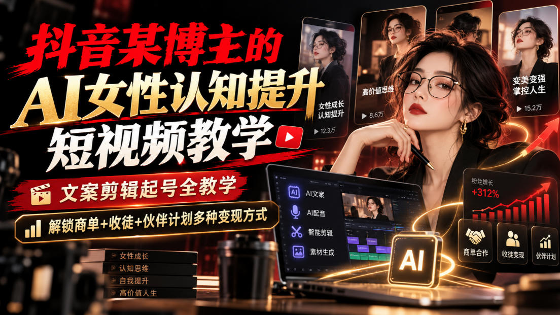 抖音某博主的Ai女性认知提升短视频教学，文案剪辑起号全教学，解锁商单+收徒+伙伴计划多种变现方式| 鹿鸣网创