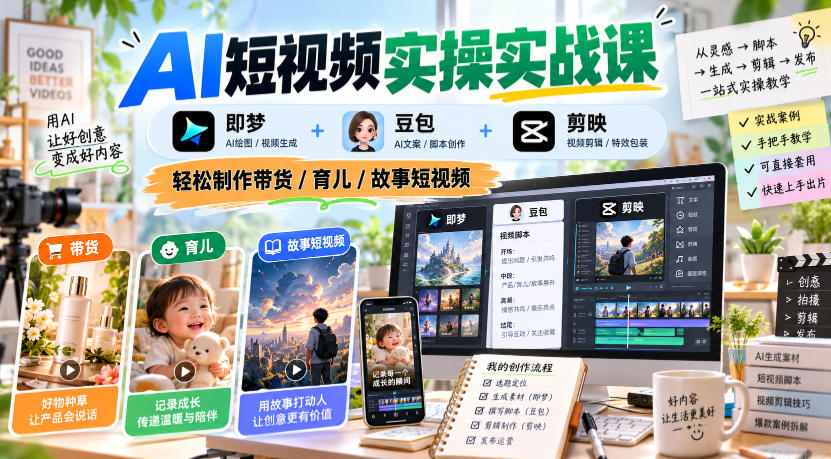 AI短视频实操实战课，即梦+豆包+剪映，轻松制作带货/育儿/故事短视频| 鹿鸣网创