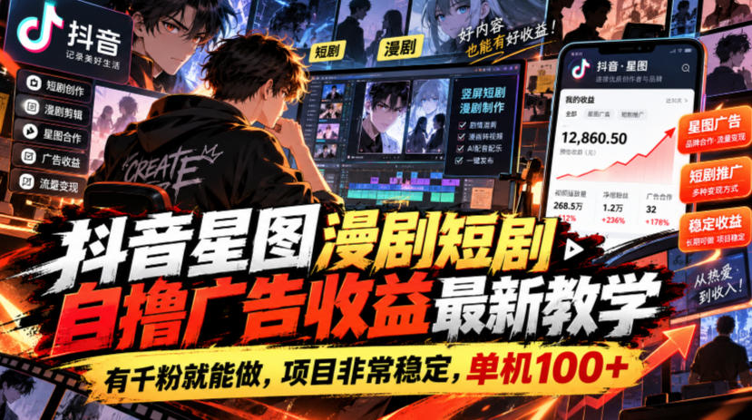 抖音星图漫剧短剧自撸广告收益最新教学，有千粉就能做，项目非常稳定，单机100+| 鹿鸣网创