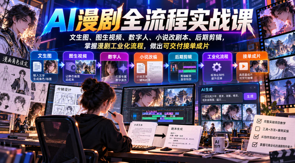 AI漫剧全流程实战课，文生图、图生视频、数字人、小说改剧本、后期剪辑，掌握漫剧工业化流程，做出可交付接单成片| 鹿鸣网创