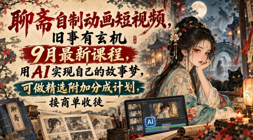 聊斋自制动画短视频，旧事有玄机9月最新课程，用AI实现自己的故事梦，可做精选附加分成计划，接商单收徒| 鹿鸣网创