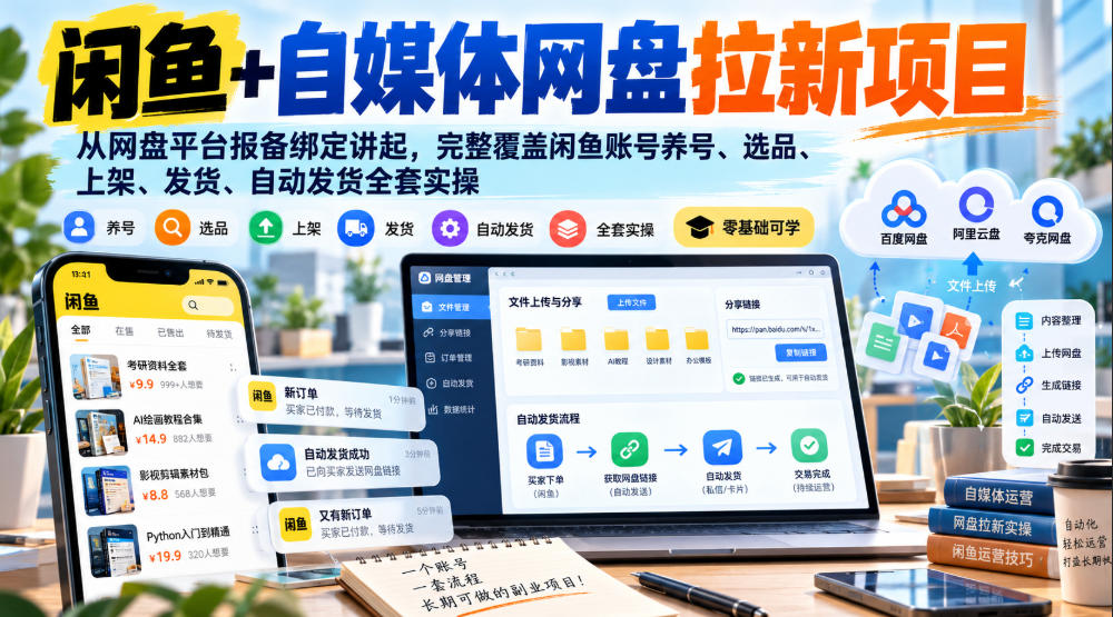 闲鱼+自媒体网盘拉新项目，从网盘平台报备绑定讲起，完整覆盖闲鱼账号养号、选品、上架、发货、自动发货全套实操| 鹿鸣网创