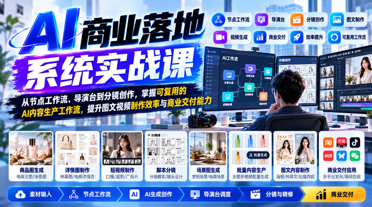 【无水印】AI商业落地系统实战课，从节点工作流、导演台到分镜创作，掌握可复用的AI内容生产工作流，提升图文视频制作效率与商业交付能力| 鹿鸣网创