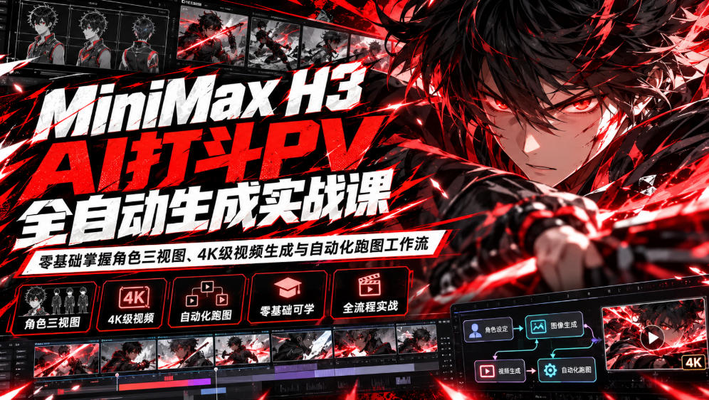 MiniMax H3 AI打斗PV全自动生成实战课：零基础掌握角色三视图、4K级视频生成与自动化跑图工作流| 鹿鸣网创