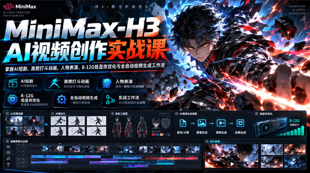 MiniMax-H3 AI视频创作实战课，掌握AI短剧、高燃打斗动画、人物表演、8-12G低显存优化与全自动视频生成工作流| 鹿鸣网创