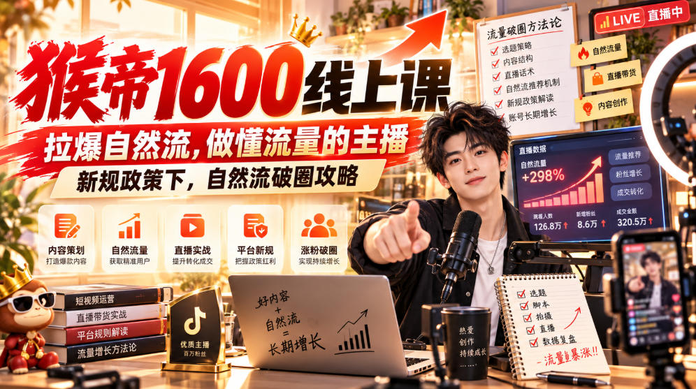 猴帝1600线上课，拉爆自然流，做懂流量的主播，新规政策下，自然流破圈攻略【更新261002】| 鹿鸣网创