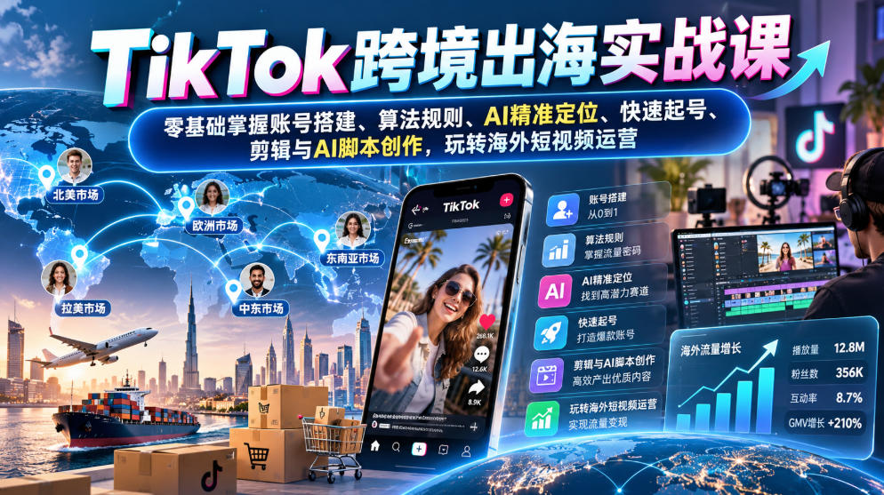 TikTok跨境出海实战课：零基础掌握账号搭建、算法规则、AI精准定位、快速起号、剪辑与AI脚本创作，玩转海外短视频运营| 鹿鸣网创
