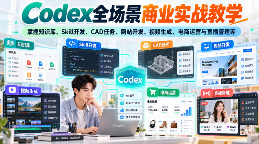 【无水印】Codex全场景商业实战教学，掌握知识库、Skill开发、CAD任务、网站开发、视频生成、电商运营与直播管理等| 鹿鸣网创