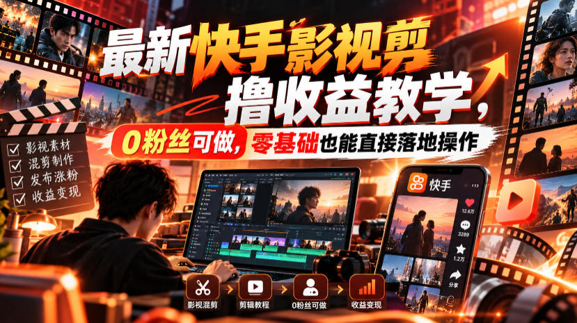 最新快手影视混剪撸收益教学，0粉丝可做，零基础也能直接落地操作| 鹿鸣网创
