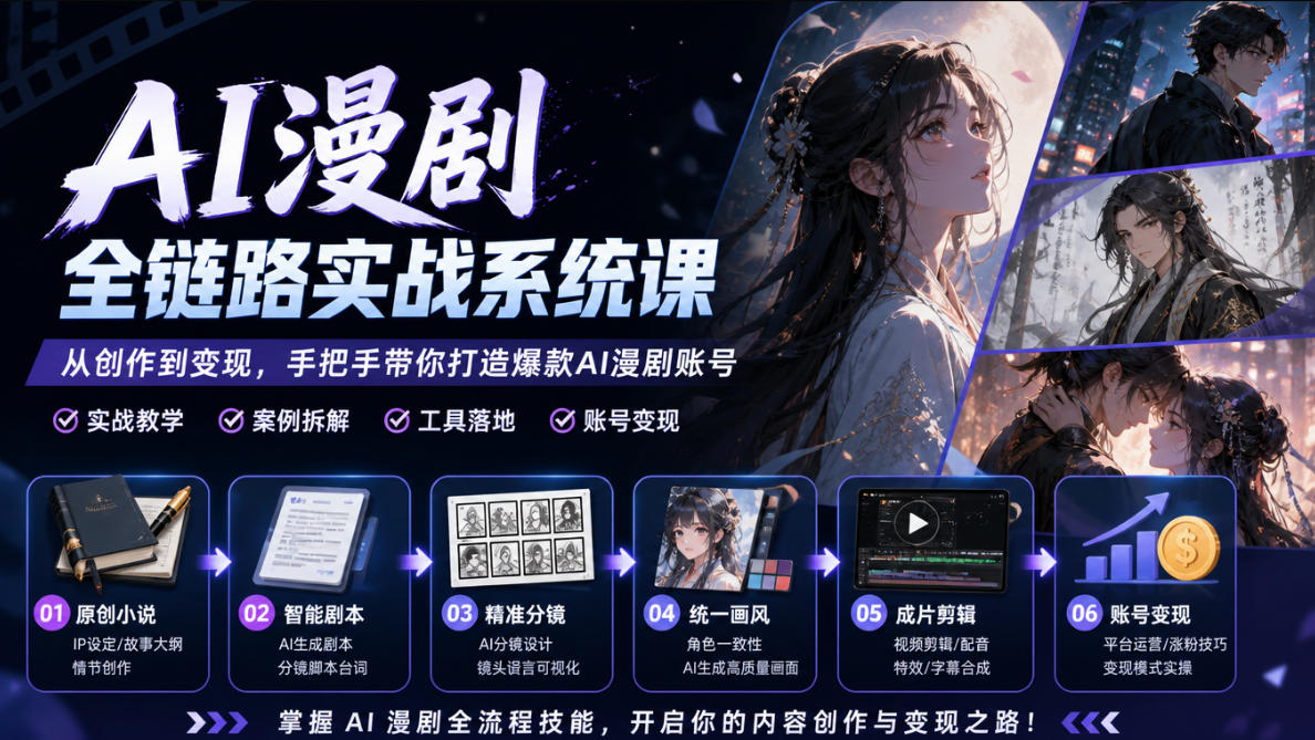 AI漫剧全链路实战系统课｜原创小说、智能剧本、精准分镜、统一画风、成片剪辑、账号变现实操教学| 鹿鸣网创