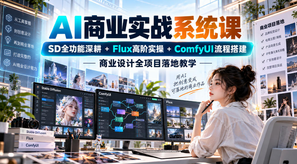 AI商业实战系统课｜SD全功能深耕+Flux高阶实操+Comfyui流程搭建，商业设计全项目落地教学| 鹿鸣网创