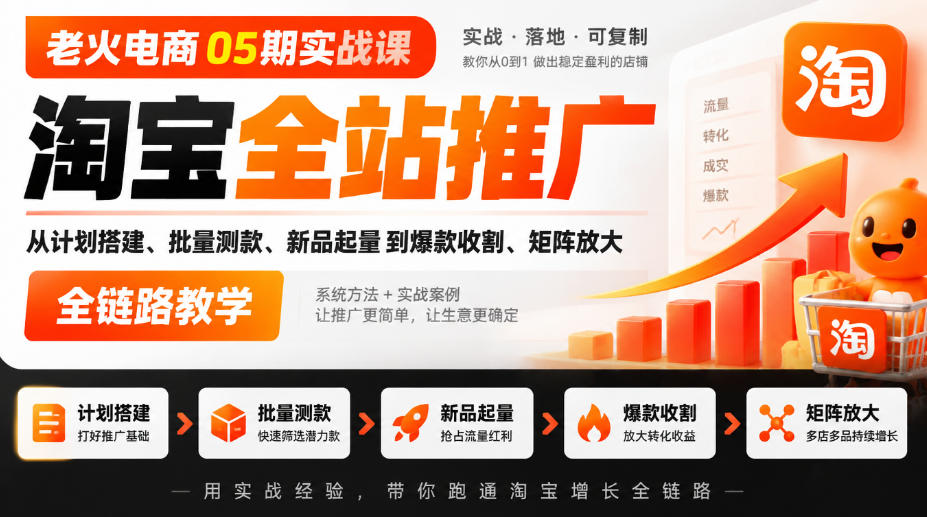 老火电商05期实战课｜淘宝全站推广从计划搭建、批量测款、新品起量到爆款收割、矩阵放大全链路教学| 鹿鸣网创