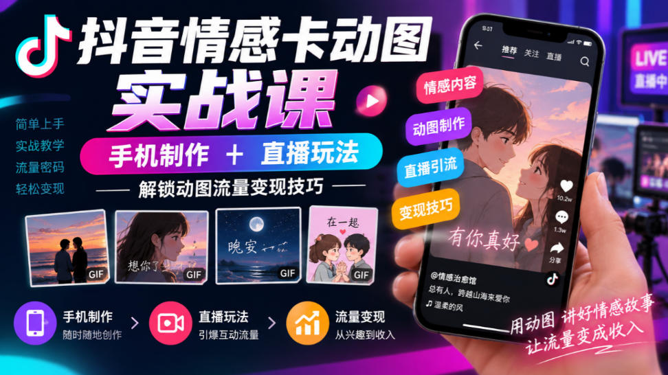 抖音情感卡动图实战课｜手机制作+直播玩法，解锁动图流量变现技巧| 鹿鸣网创