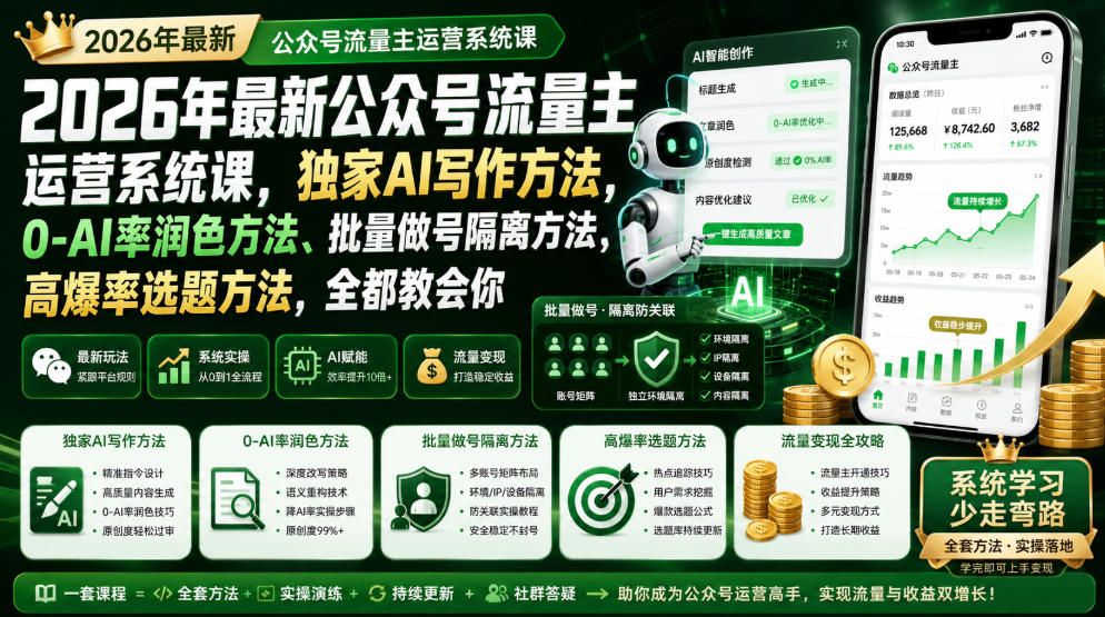 2026年最新公众号流量主运营系统课，独家AI写作方法，0-AI率润色方法、批量做号隔离方法、高爆率选题方法，全都教会你（更新1009）| 鹿鸣网创
