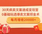 30天疯卖文案速成变现营,0基础玩透爆卖文案捞金术!每月增收20000+| 鹿鸣网创