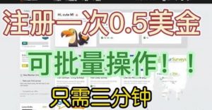 国外项目注册一次0.5美金，只需三分钟无脑操作，可批量同时放大操作，小白工作室福利【揭秘】| 鹿鸣网创