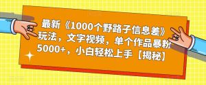 最新《1000个野路子信息差》玩法，文字视频，单个作品暴粉5000+，小白轻松上手【揭秘】| 鹿鸣网创